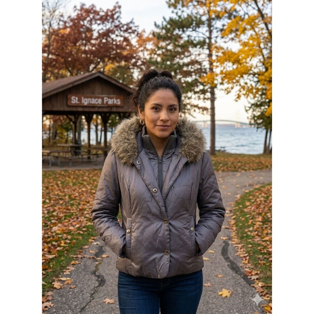 Old Navy Women’s Gray Jacket Size M Faux Fur Hood Zip & Button Front Parka Coat